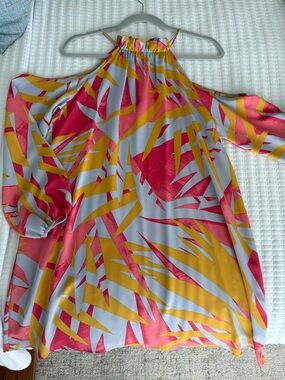 Tyche Cold-Shoulder Halter Tunic in Pink and Mustard